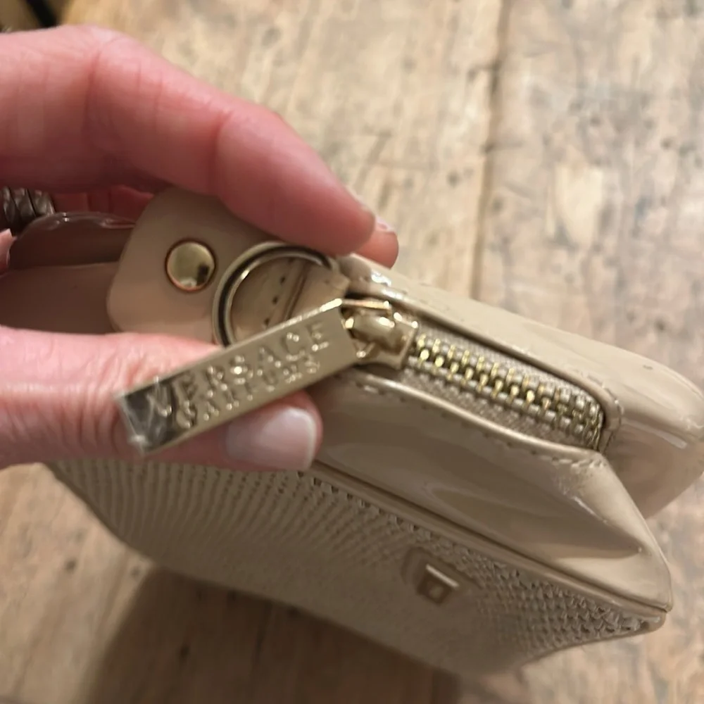 Versace Parfums Cosmetic Bag | Woven Jute Travel Pouch | NWOT Neutral Gold